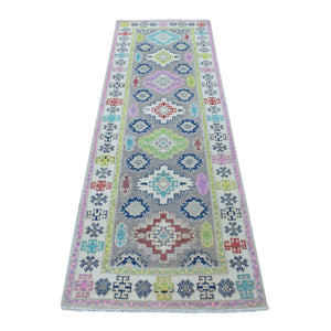2'7"x7'10" Colorful Gray Fusion Kazak Tribal Design Organic Wool Hand Knotted Runner Oriental Rug FWR333444