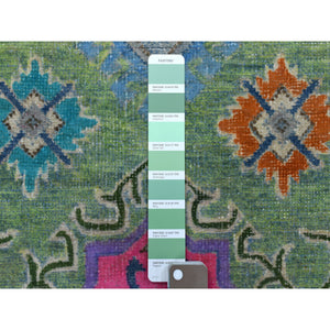 2'8"x7'9" Colorful Green Fusion Kazak Organic Wool Hand Knotted Runner Oriental Rug FWR333474