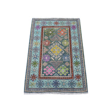 Load image into Gallery viewer, 2&#39;x3&#39; Green Geometric Design Fusion Kazak Organic Wool Hand Knotted Mat Oriental Rug FWR333558
