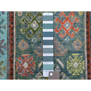 2'x3' Green Geometric Design Fusion Kazak Organic Wool Hand Knotted Mat Oriental Rug FWR333558