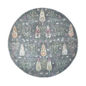 8'2"x8'2" Round Folk Art Willow And Cypress Tree Design Hand Knotted Borderless Oriental Rug FWR334224