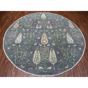 8'2"x8'2" Round Folk Art Willow And Cypress Tree Design Hand Knotted Borderless Oriental Rug FWR334224