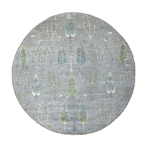 8'2"x8'2" Gray Round Folk Art Willow And Cypress Tree Design Peshawar Hand Knotted Borderless Oriental Rug FWR334230