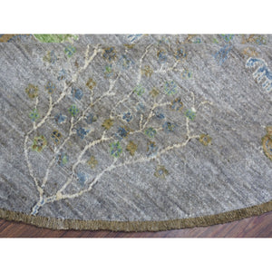 8'2"x8'2" Gray Round Folk Art Willow And Cypress Tree Design Peshawar Hand Knotted Borderless Oriental Rug FWR334230