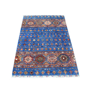 3'3"x5' Blue Khorjin Design Tribal Super Kazak Natural Wool Hand Knotted Oriental Rug FWR335394