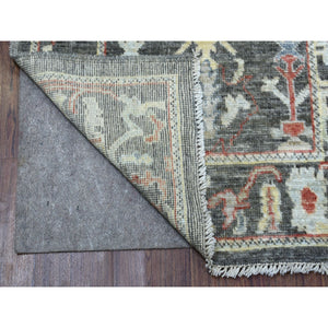 2'9"x9'8" Charcoal Black With Pop Of Color Angora Oushak Soft & Vibrant Wool Hand Knotted Oriental Runner Rug FWR336486
