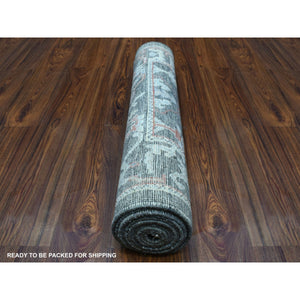 2'9"x9'8" Charcoal Black With Pop Of Color Angora Oushak Soft & Vibrant Wool Hand Knotted Oriental Runner Rug FWR336486
