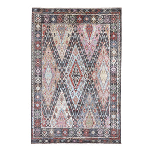 6'1"x9'2" Charcoal Black With Anatolian Design Organic Wool Hand Knotted Oriental Rug FWR337200