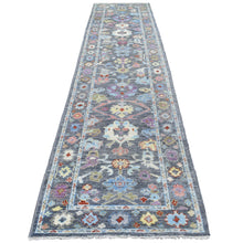 Load image into Gallery viewer, 3&#39;2&quot;x13&#39;9&quot; Charcoal Black Angora Oushak With Floral Motifs Soft &amp; Vibrant Wool Hand Knotted Oriental Runner Rug FWR337338
