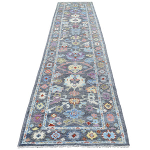 3'2"x13'9" Charcoal Black Angora Oushak With Floral Motifs Soft & Vibrant Wool Hand Knotted Oriental Runner Rug FWR337338