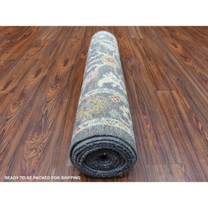 3'2"x13'9" Charcoal Black Angora Oushak With Floral Motifs Soft & Vibrant Wool Hand Knotted Oriental Runner Rug FWR337338