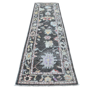 2'9"x9'9" Shiny Wool Hand Knotted Charcoal Black Angora Oushak Oriental Runner Rug FWR337350