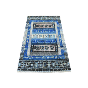 2'10"x4'10" Blue Folk Art Kashkuli Gabbeh Hand-Knotted Natural Wool Nomad Rug FWR338742