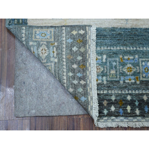 2'7"x9'6" Light Blue Folk Art Kashkuli Gabbeh Natural Wool Hand-Knotted Ethnic Runner Rug FWR339096