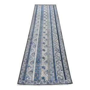 2'6"x9'7" Hand Knotted Gray Super Kazak With Shawl Design Organic Wool Runner Rug FWR339102