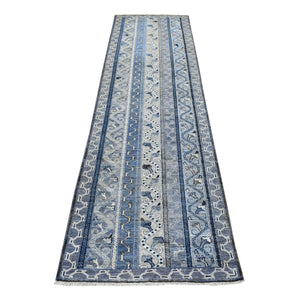 2'7"x9'8" Gray Super Kazak With Shawl Design Organic Wool Hand Knotted Runner Rug FWR339120