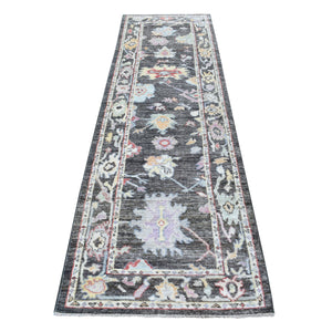 2'10"x9'10" Charcoal Black Angora Oushak With Large Motifs, Soft To The Touch Wool Pile Hand Knotted Oriental Runner Rug FWR339576