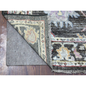 2'10"x9'10" Charcoal Black Angora Oushak With Large Motifs, Soft To The Touch Wool Pile Hand Knotted Oriental Runner Rug FWR339576