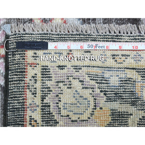 2'10"x9'10" Charcoal Black Angora Oushak With Large Motifs, Soft To The Touch Wool Pile Hand Knotted Oriental Runner Rug FWR339576
