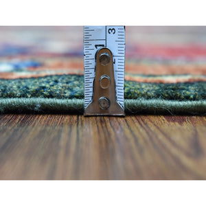 4'x9'8" Green Afghan Turkoman Ersari Geometric Design Organic Wool Hand Knotted Oriental Wide Runner Rug FWR340710