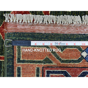 4'x9'8" Green Afghan Turkoman Ersari Geometric Design Organic Wool Hand Knotted Oriental Wide Runner Rug FWR340710