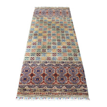 Load image into Gallery viewer, 3&#39;x7&#39;7&quot; Gray With Colorful Tassles Super Kazak Khorjin Design Hand Knotted Organic Wool Oriental Runner Rug FWR340848