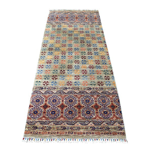3'x7'7" Gray With Colorful Tassles Super Kazak Khorjin Design Hand Knotted Organic Wool Oriental Runner Rug FWR340848