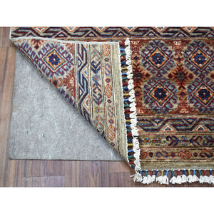 3'x7'7" Gray With Colorful Tassles Super Kazak Khorjin Design Hand Knotted Organic Wool Oriental Runner Rug FWR340848