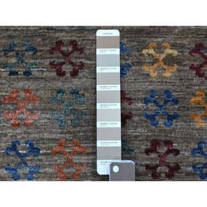 3'x7'7" Gray With Colorful Tassles Super Kazak Khorjin Design Hand Knotted Organic Wool Oriental Runner Rug FWR340848