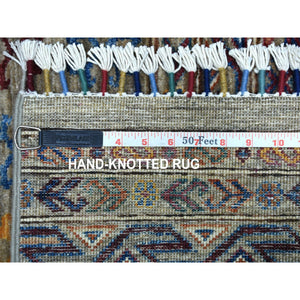 3'x7'7" Gray With Colorful Tassles Super Kazak Khorjin Design Hand Knotted Organic Wool Oriental Runner Rug FWR340848