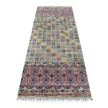 Load image into Gallery viewer, 2&#39;10&quot;x7&#39;7&quot; Hand Knotted Gray Super Kazak Khorjin Design With Colorful Tassles Pure Wool Oriental Runner Rug FWR340968