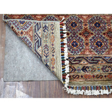 Load image into Gallery viewer, 2&#39;10&quot;x7&#39;7&quot; Hand Knotted Gray Super Kazak Khorjin Design With Colorful Tassles Pure Wool Oriental Runner Rug FWR340968