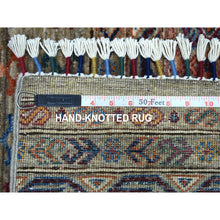 Load image into Gallery viewer, 2&#39;10&quot;x7&#39;7&quot; Hand Knotted Gray Super Kazak Khorjin Design With Colorful Tassles Pure Wool Oriental Runner Rug FWR340968