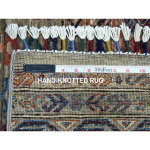 2'10"x7'7" Hand Knotted Gray Super Kazak Khorjin Design With Colorful Tassles Pure Wool Oriental Runner Rug FWR340968