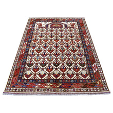Load image into Gallery viewer, 4&#39;10&quot;x6&#39;5&quot; Hand Knotted Ivory Afghan Ersari With Geometric Design Pure Wool Oriental Rug FWR341256