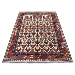 4'10"x6'5" Hand Knotted Ivory Afghan Ersari With Geometric Design Pure Wool Oriental Rug FWR341256