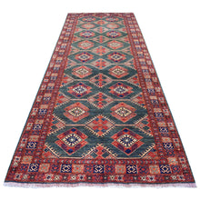 Load image into Gallery viewer, 4&#39;10&quot;x12&#39;9&quot; Teal Afghan Ersari With Geometric Design Hand Knotted Pure Wool Oriental Gallery Wide Size Runner Rug FWR341262