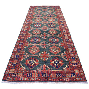 4'10"x12'9" Teal Afghan Ersari With Geometric Design Hand Knotted Pure Wool Oriental Gallery Wide Size Runner Rug FWR341262