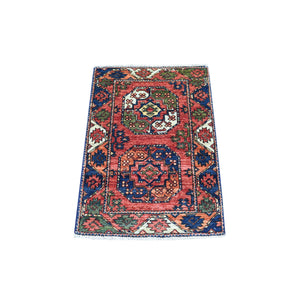 2'x3' Rust Red Afghan Turkoman Ersari Elephant Feet Design Organic Wool Hand Knotted Oriental Rug FWR341766