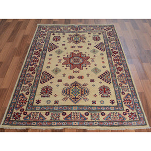3'10"x6' Ivory Special Kazak Geometric Design Pure Wool Hand Knotted Oriental Rug FWR342486