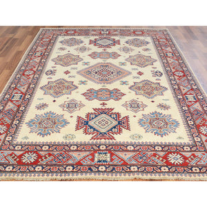 6'4"x9'5" Ivory Special Kazak Geometric Design Pure Wool Hand Knotted Oriental Rug FWR342546