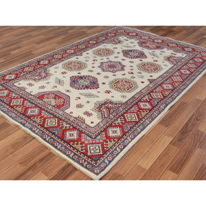 6'x9' Ivory Special Kazak Geometric Design Pure Wool Hand Knotted Oriental Rug FWR342552