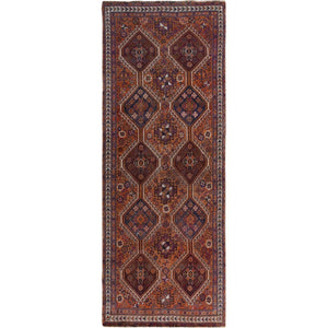 3'10"x9'1" Natural Colors Wide Runner Vintage And Worn Down Persian Shiraz Distressed Hand Knotted Oriental Rug FWR342804