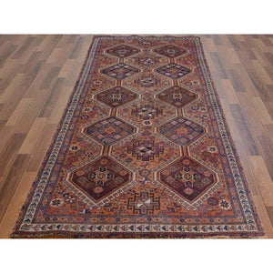 3'10"x9'1" Natural Colors Wide Runner Vintage And Worn Down Persian Shiraz Distressed Hand Knotted Oriental Rug FWR342804