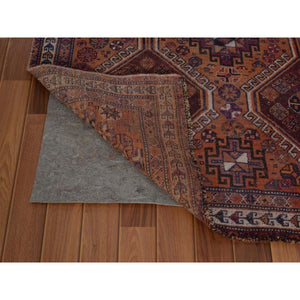 3'10"x9'1" Natural Colors Wide Runner Vintage And Worn Down Persian Shiraz Distressed Hand Knotted Oriental Rug FWR342804