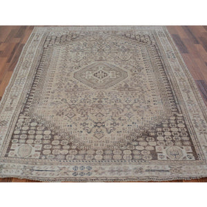 5'6"x8'2" Natural Colors Old and Worn Down Persian Qashqai Pure Wool Distressed Hand Knotted Oriental Rug FWR343470