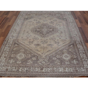 5'4"x8'1" Beige Worn Down And Old Persian Qashqai Pure Wool Distressed Hand Knotted Oriental Rug FWR343686
