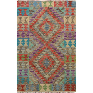 2'7"x4'1" Colorful Reversible Flat weave Afghan Kilim Pure Wool Hand Woven Oriental Rug FWR345060