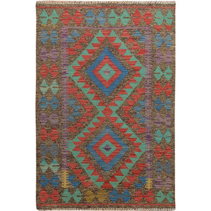 2'7"x3'10" Colorful Reversible Vegetable Dyes Afghan Kilim Pure Wool Hand Woven Oriental Rug FWR345066