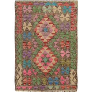 2'7"x3'7" Colorful Vegetable Dyes Afghan Reversible Kilim Pure Wool Hand Woven Oriental Rug FWR345096